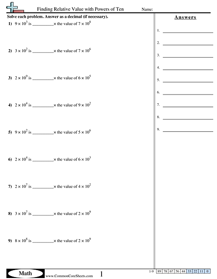 Finding Relative Value with Powers of Ten Worksheet - Finding Relative Value with Powers of Ten worksheet